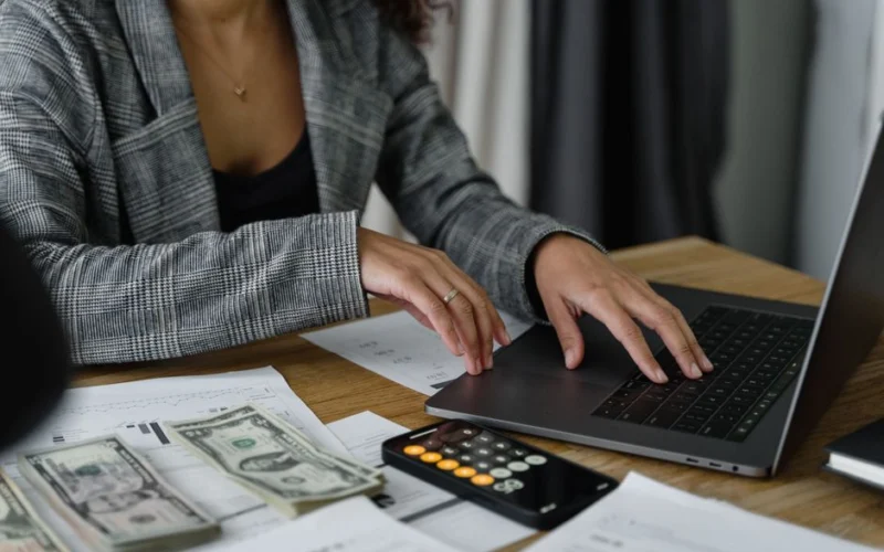 A businesswoman working on finance management with cash and calculator on desk.