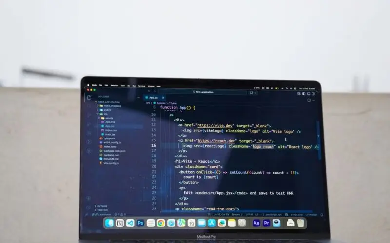Laptop displaying code outdoors, ideal for remote work or freelance programming.