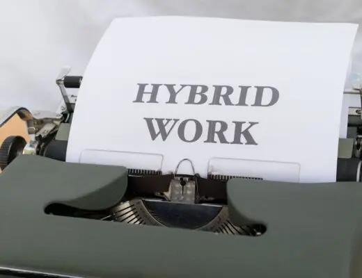 a typewriter with a paper that reads hybrid work