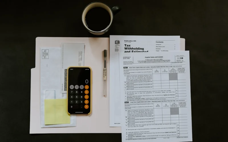 black Android smartphone near ballpoint pen, tax withholding certificate on top of white folder